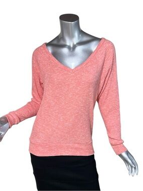 Falls Creek Women’s Small V Neck Ribbed Sweater Coral  Red